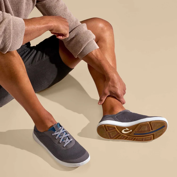 Olukai Men’s Breathable Boat Shoe, no-tie laces, color – Pavement / Vintage Blue