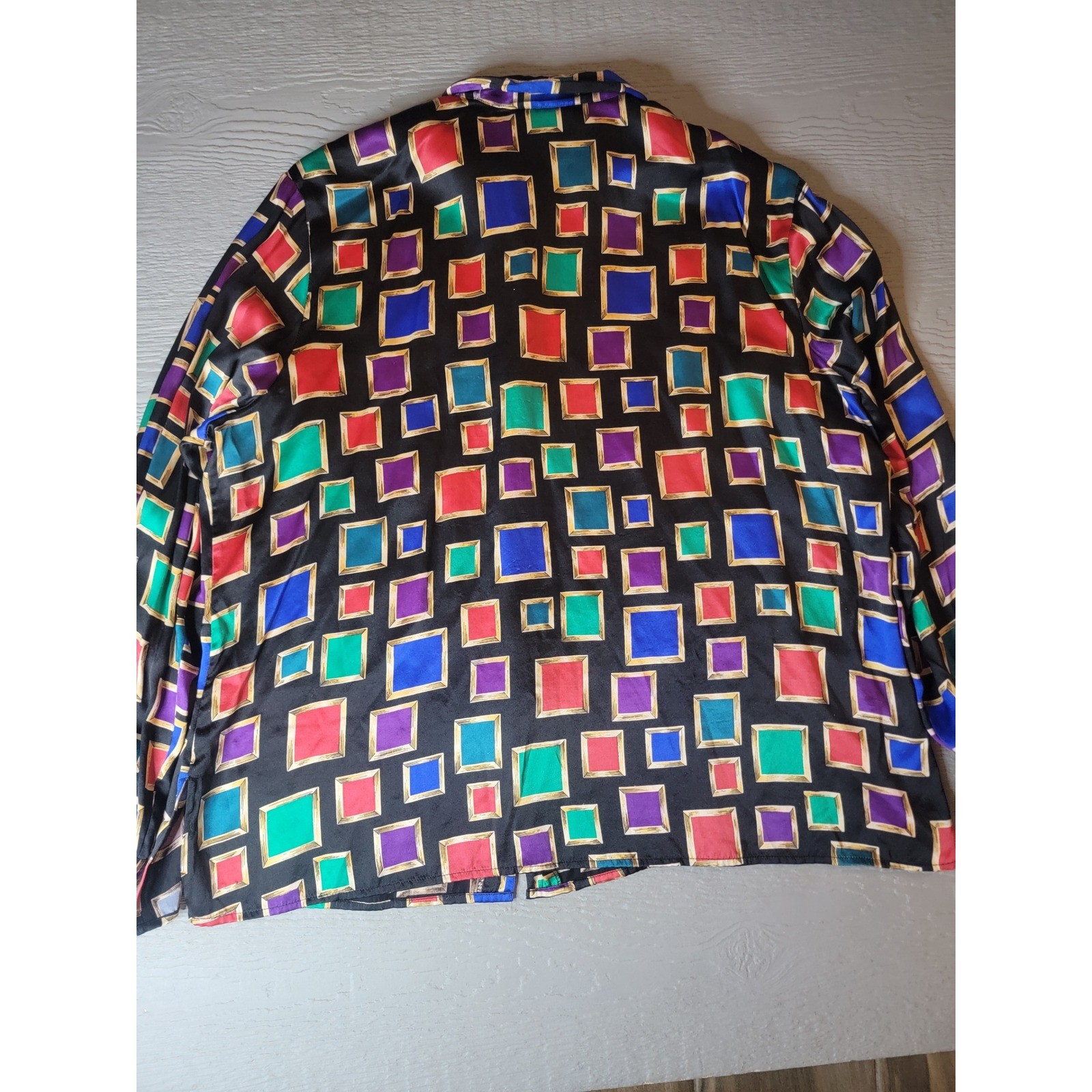 Erena Woman 100% Silk Blouse 20W Multi Color Geometric Square Print Button Down