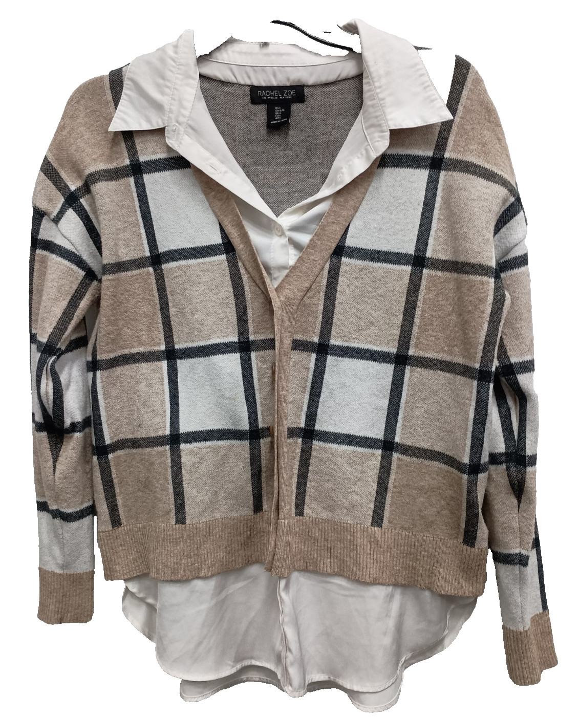 Rachel Zoe Twofer Sweater Womens Large Beige White Plaid Preppy Office Pullover