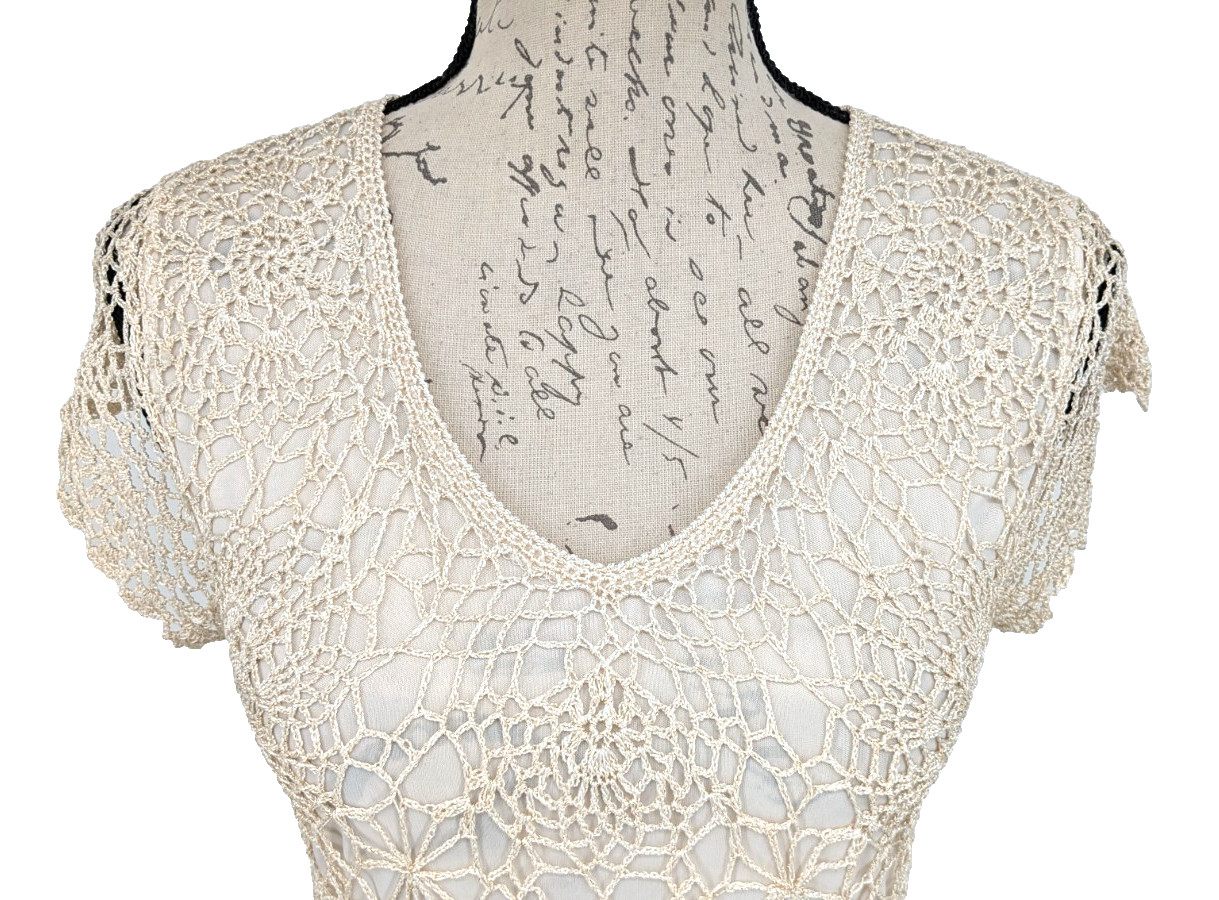 Y2K Formal Fairy Core Tunic/Top Sm Goldish Cream Crochet Overlay Victorian