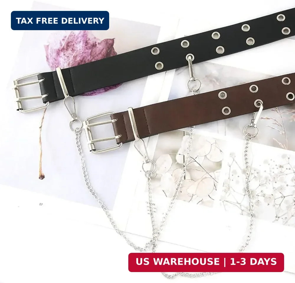 Women’s 100×3.8cm PU Leather Double-Grommet Belt with Chain – Punk Rock Style, A