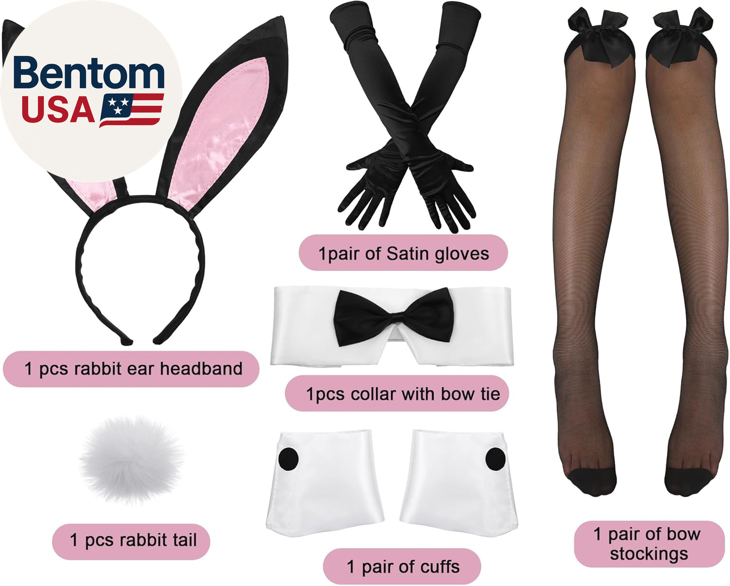Women’S Sexy Bunny Costume Set Rabbit Ear Headband Bowtie Cuff Bunny Tail Stocki