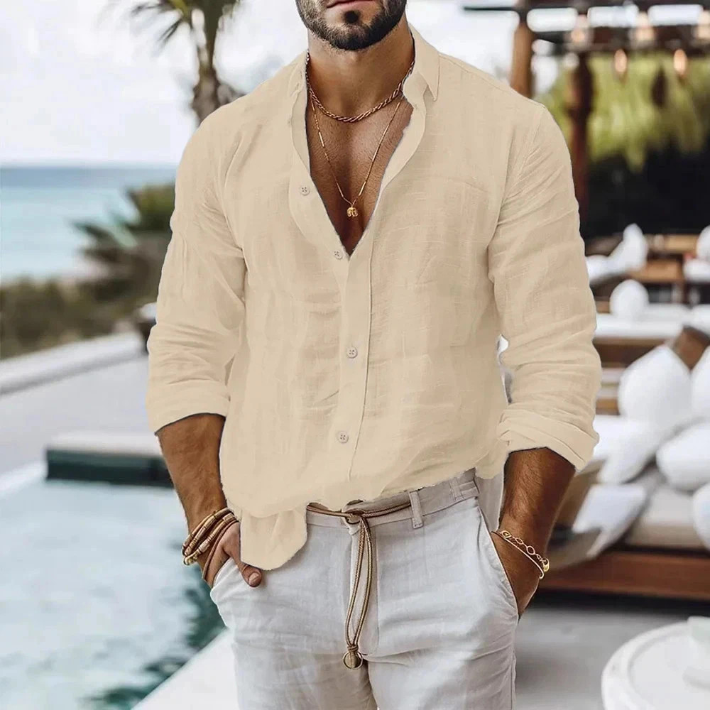 Men Cotton Linen Summer Beach Shirt Solid Color Breathable Button Top