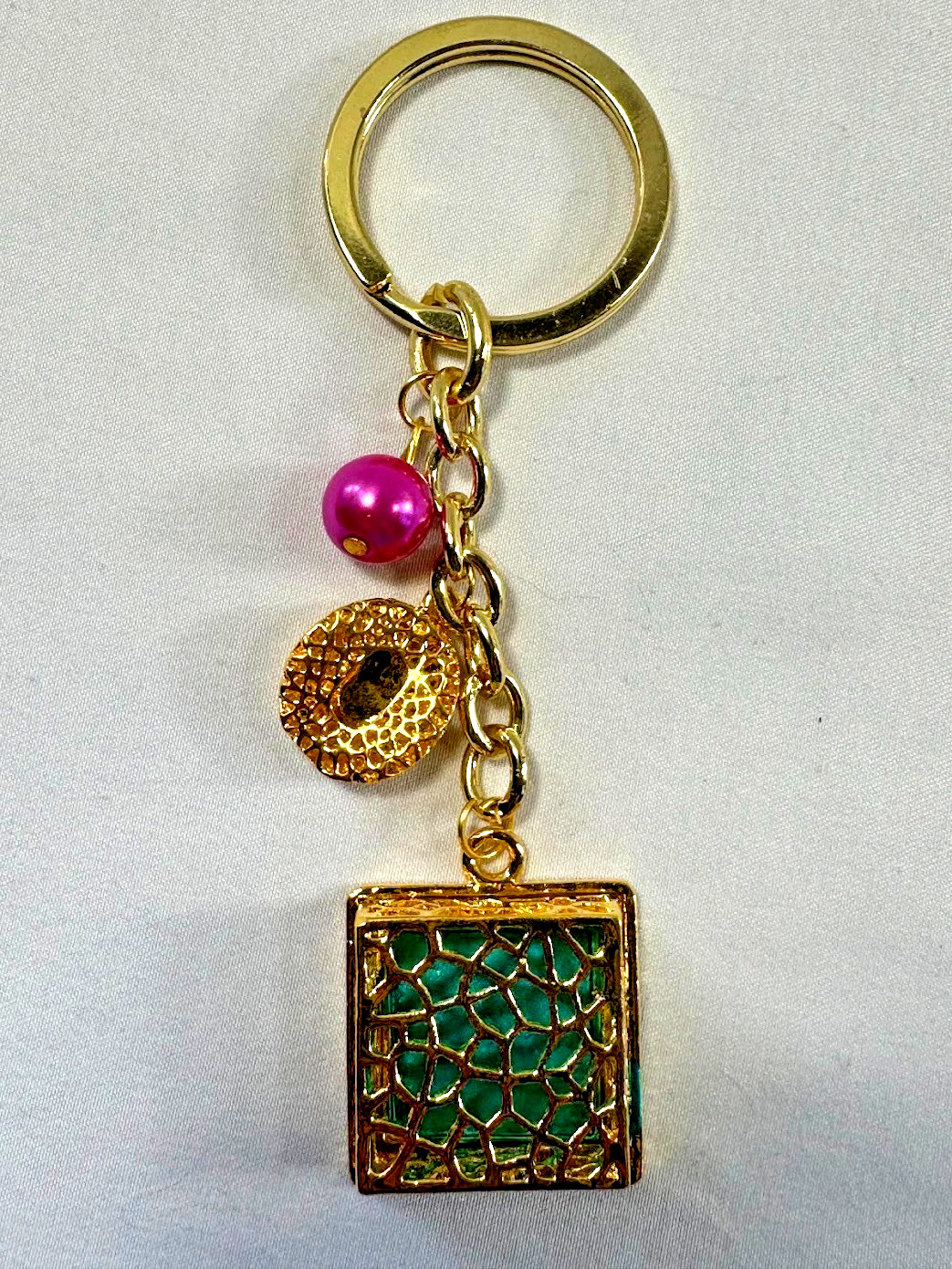 Gold Tone Mosaic Teal Square Charm Keychain Bag Accessory Initial O Pink Bead