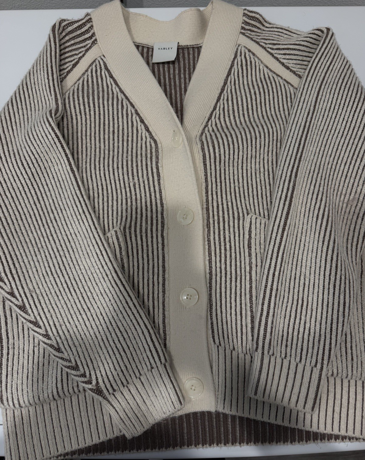 Varley Women’s XS Beige/Brown Ribbed Knit V-Neck Button Cardigan w/ Pockets