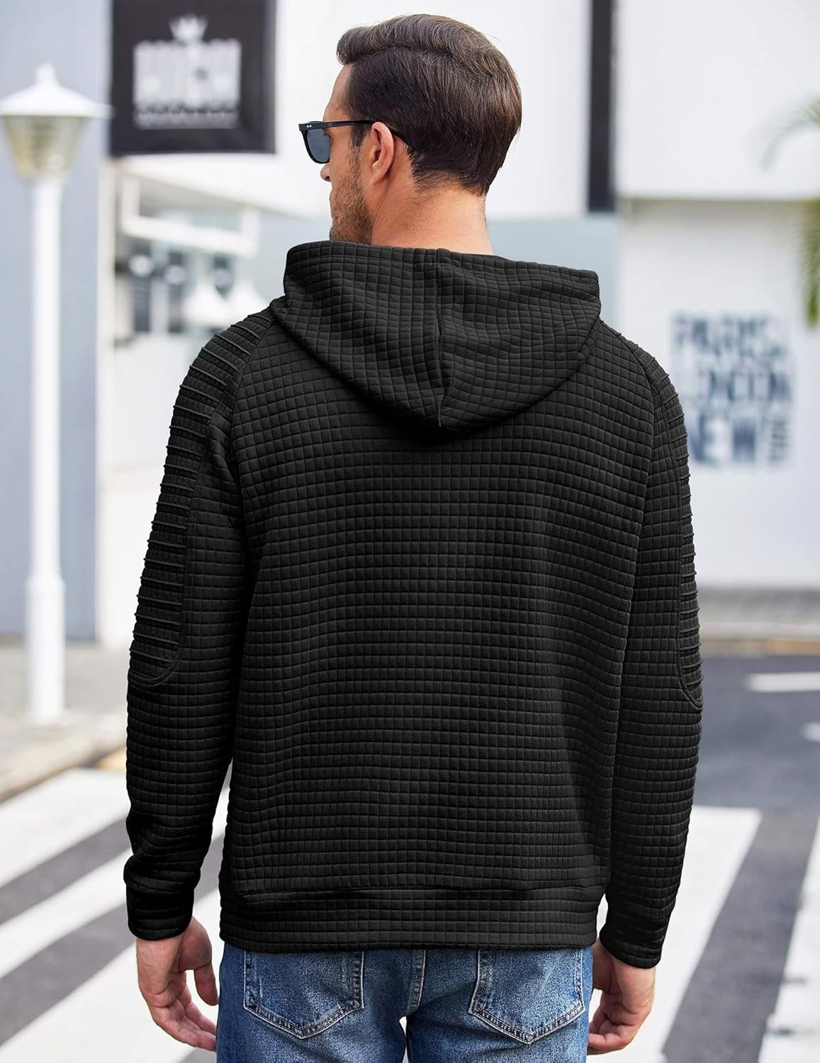 Men’s Casual Hoodies Long Sleeve Drawstring Hooded Pullover Waffle Knit Hooded