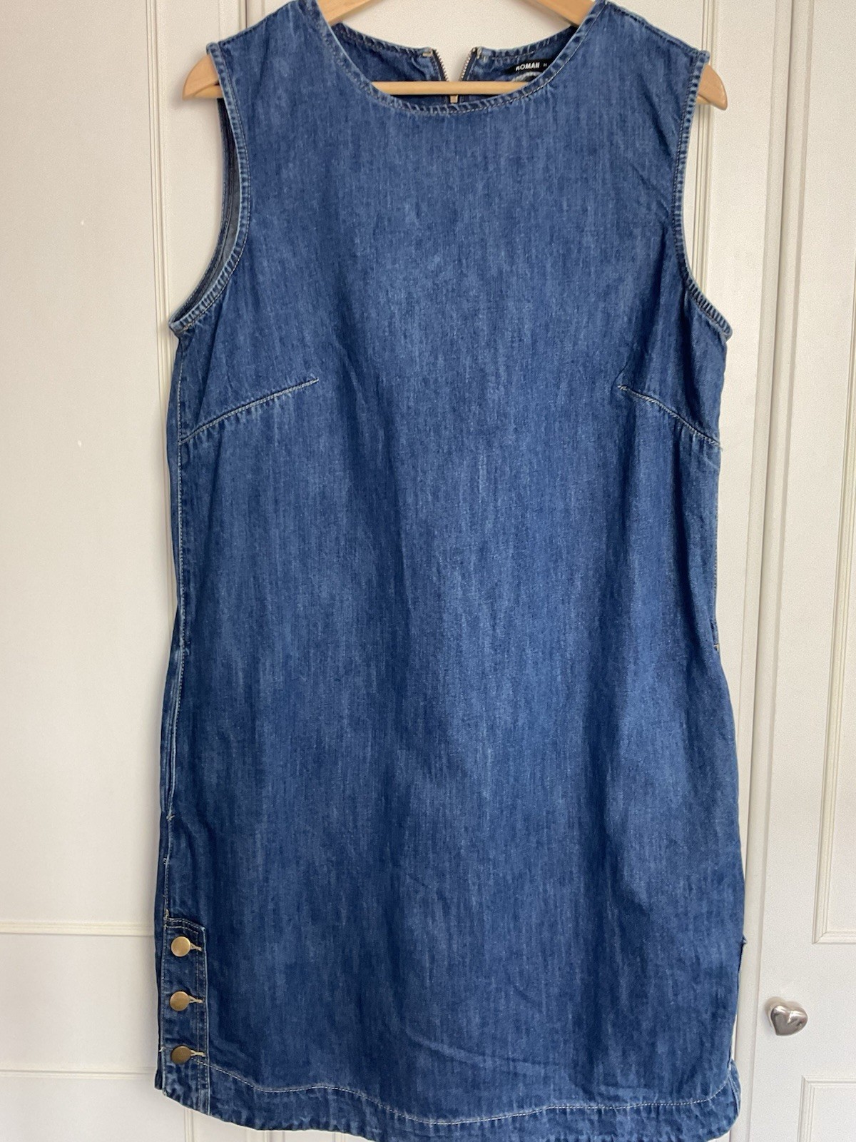 Roman Sleeveless Denim Dress UK 14 Blue Pockets Tunic A Line Knee Length Cotton