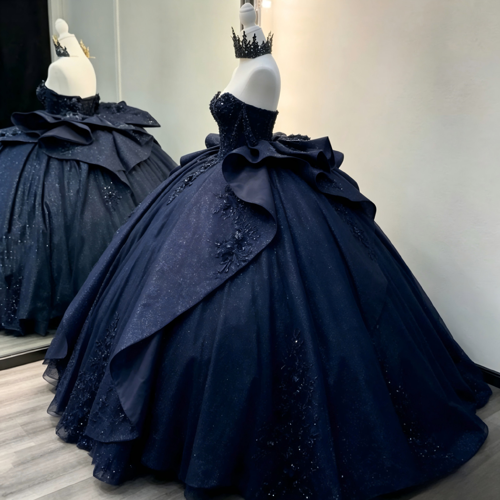 Navy Glitter Quinceanera Ball Gown Beaded Lace Big Satin Bow Sweet 16 Dress