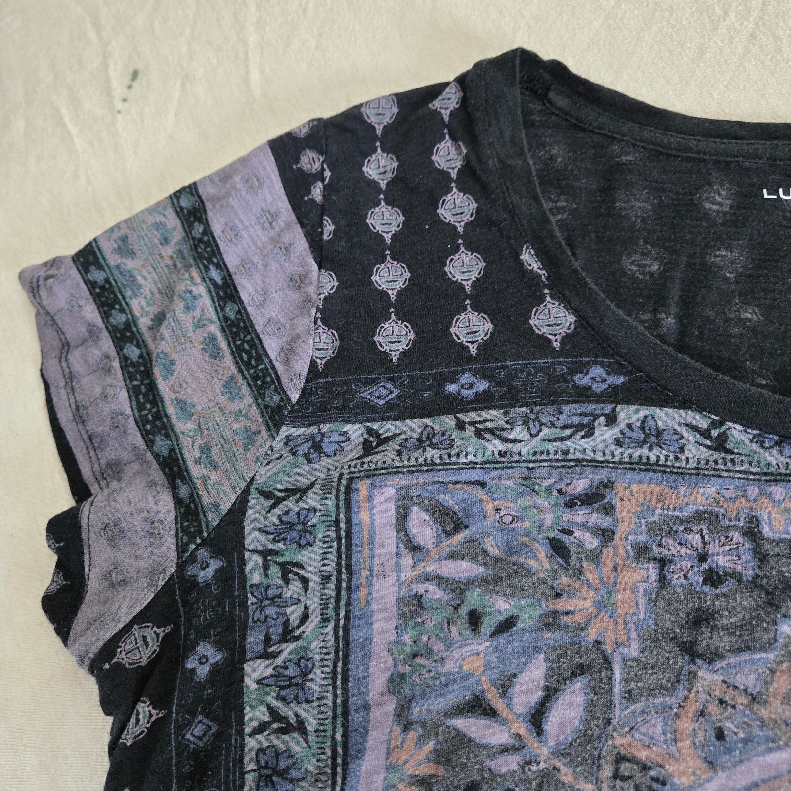 EUC Lucky Brand Mandala Print light-weight Short Sleeve Boho Top, Size 1X