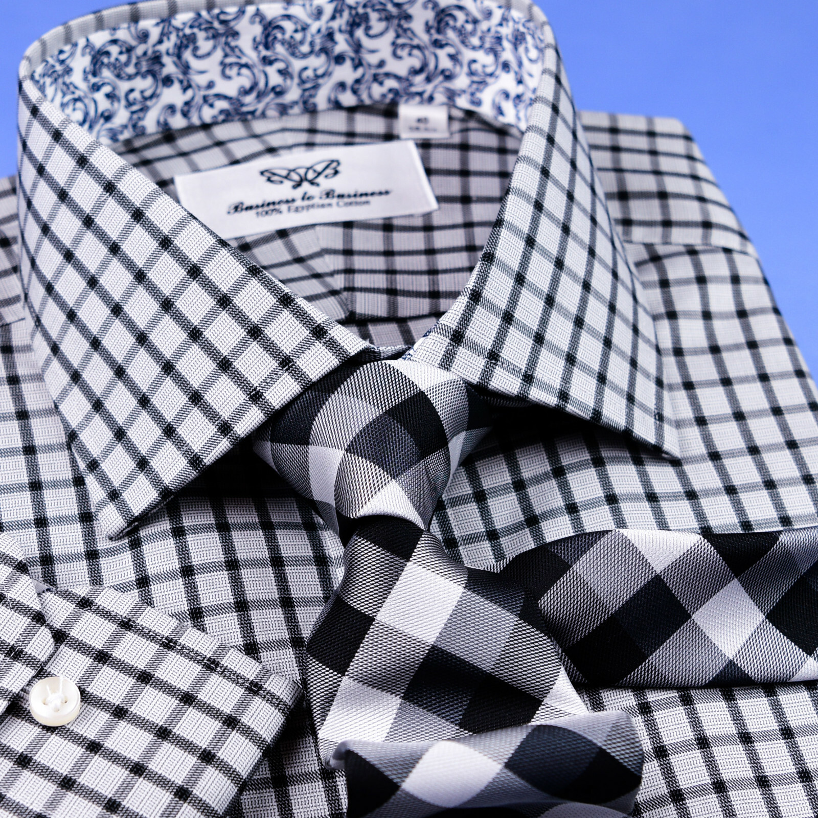 Grey Black Check Dress Shirt Formal Business Floral Paisley Barrel Button Cuff