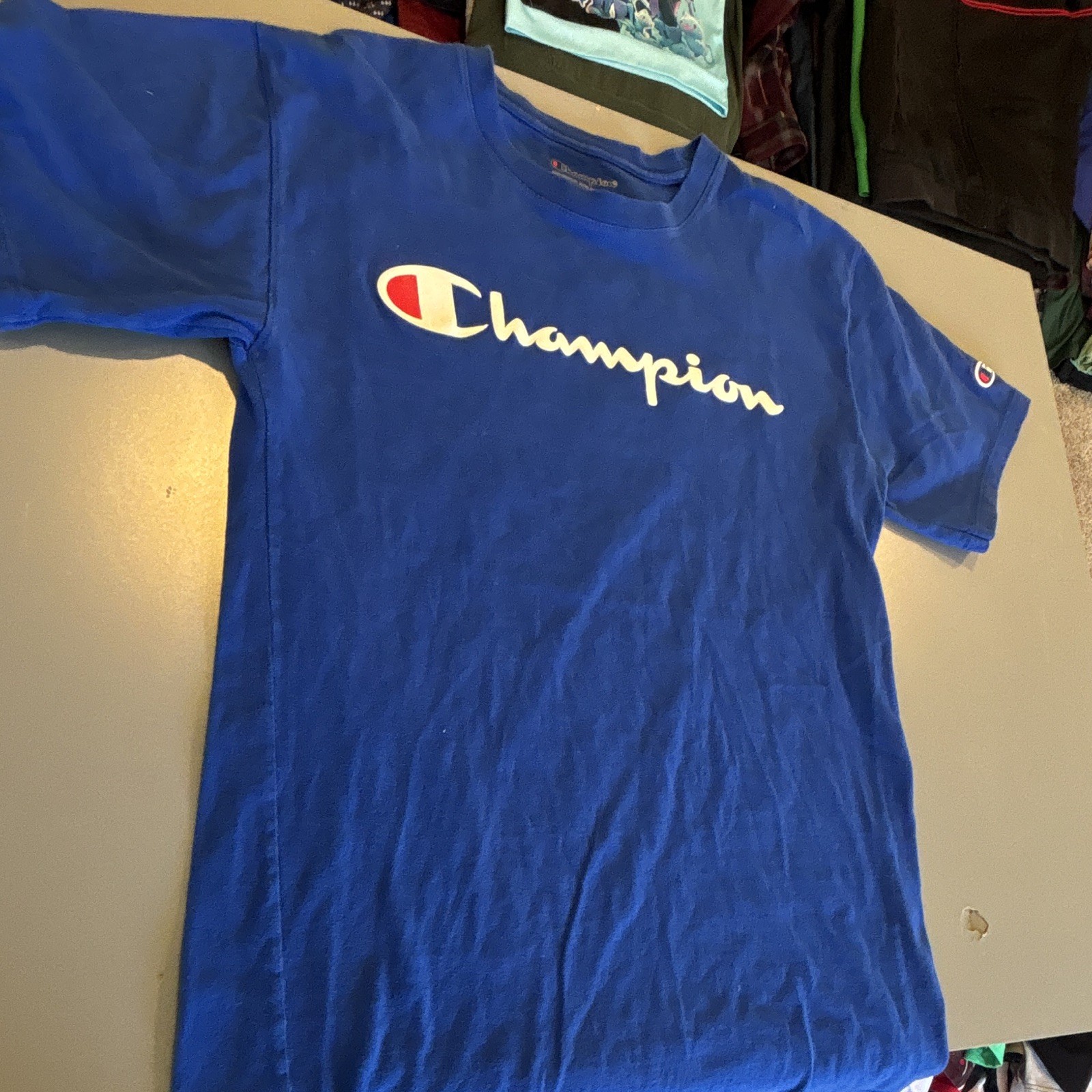 Champion Men’s S Blue Logo Graphic Print Crew Neck Cotton Short Sleeve Tee