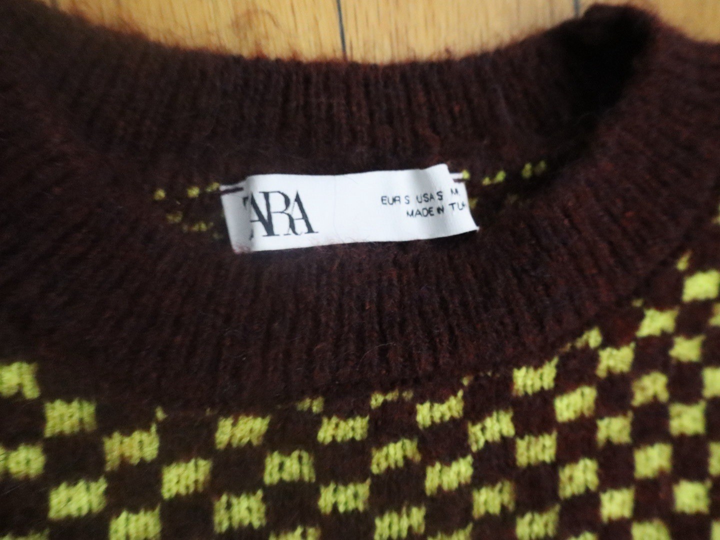 Zara Women’s Brown & Green Check Knit Crew Neck Long Sleeve Pullover Sweater M