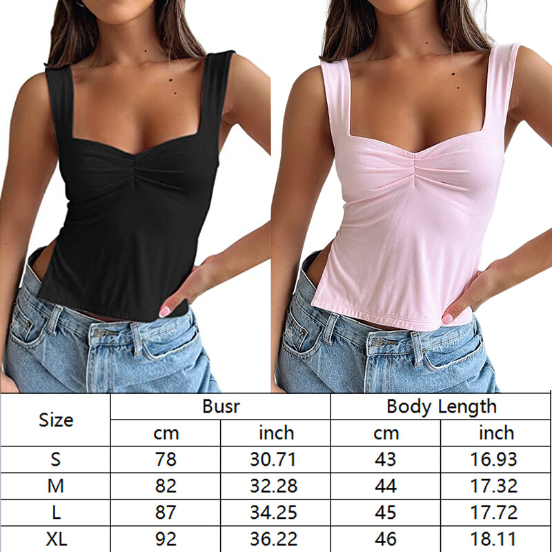 Women Sexy Low Cut Pleated Chest Camisole Crop Tank Top Sweetheart Slits Shirt