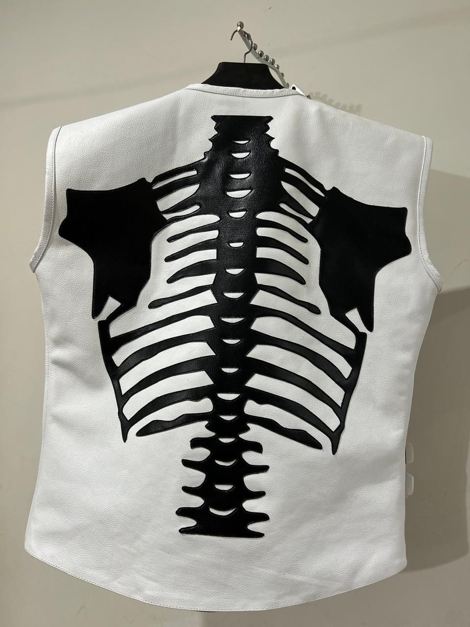 Men’s White Genuine Leather Skeleton Bones Biker Vest Motorcycle Waistcoat
