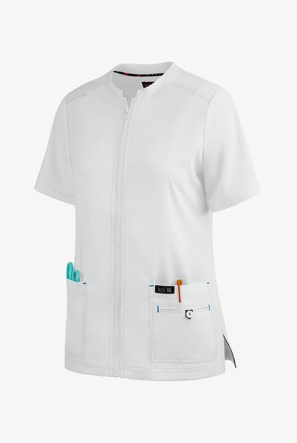 KOI BASIC WOMEN STRETCH SCRUB ZIP FRONT TOP WHITE MADISON IN ALL SIZE #1023 NWT