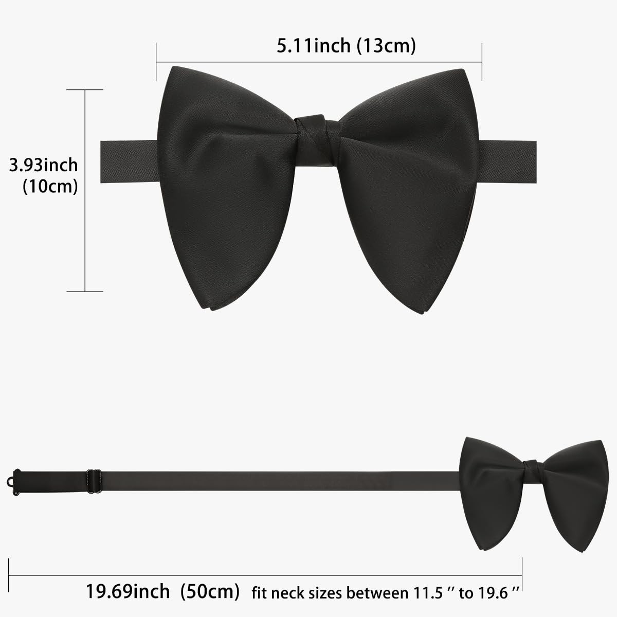 Oversized Pretied Black Bow ties, Adjustable Clipon Formal Big Satin Bowtie f…