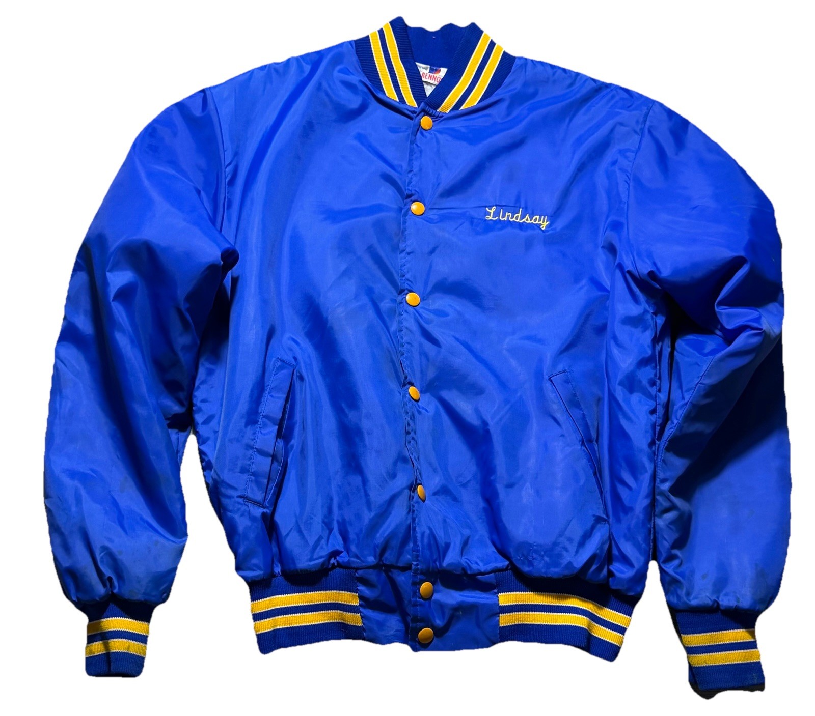 Vintage USA Satin Bomber Jacket Soccer BYC Blue Yellow Fleece Lined Renno Mens M