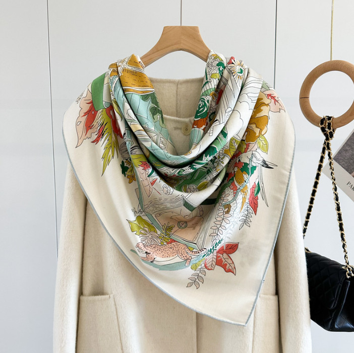 70% Cashmere 30% Silk Wrap Scarf Green garden Print Double Face Print Shawl 53”