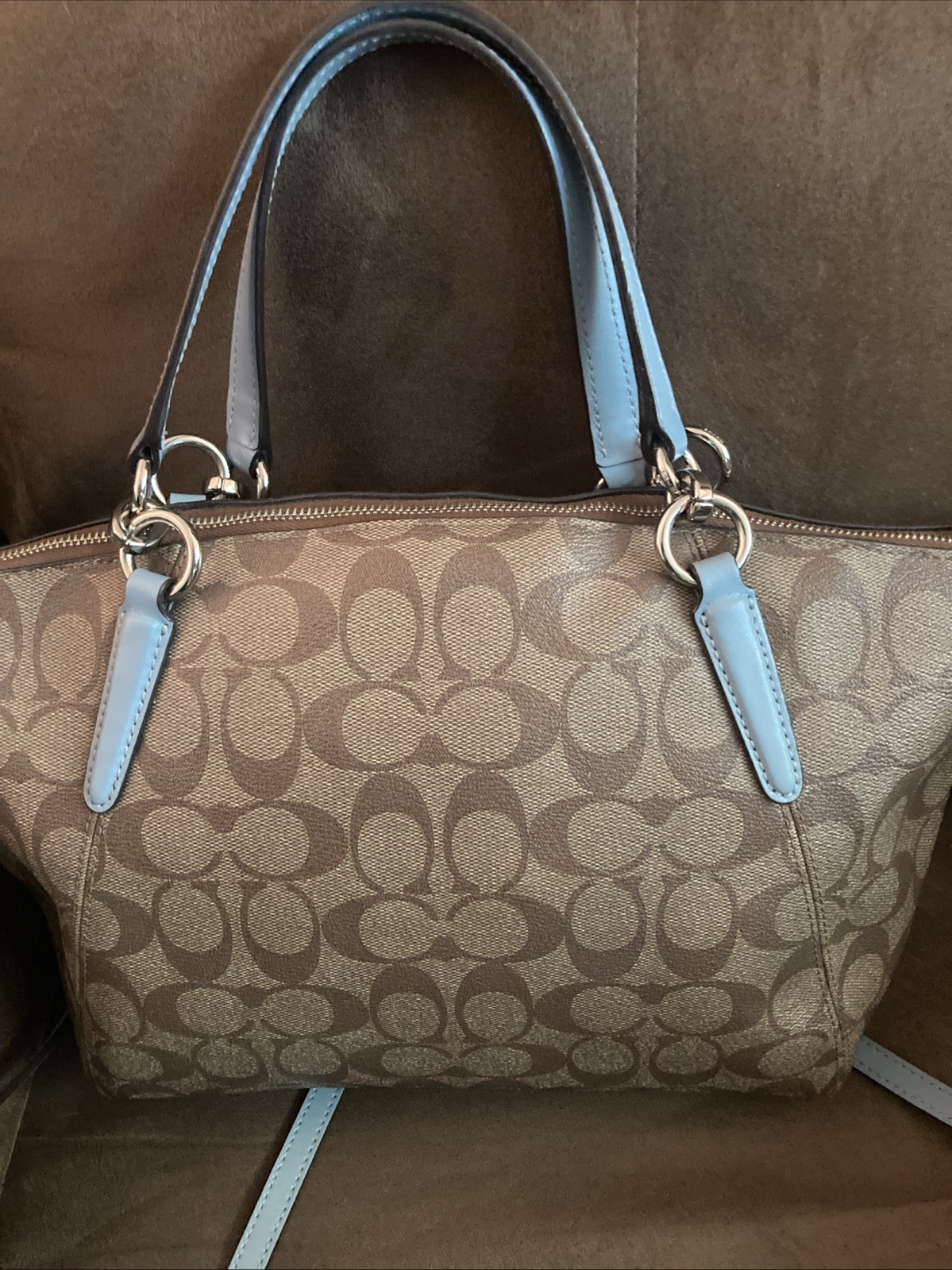 Coach Vintage Crossbody in Light Brown with Powder Blue Handles & Strap 13x9x3