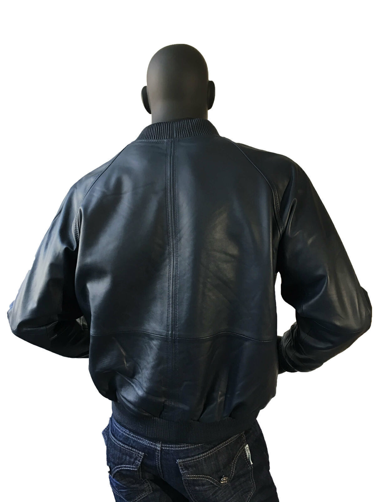 Men 100% Real Lambskin Leather Navy Blue Bomber Jacket Baseball Varsity Jacket
