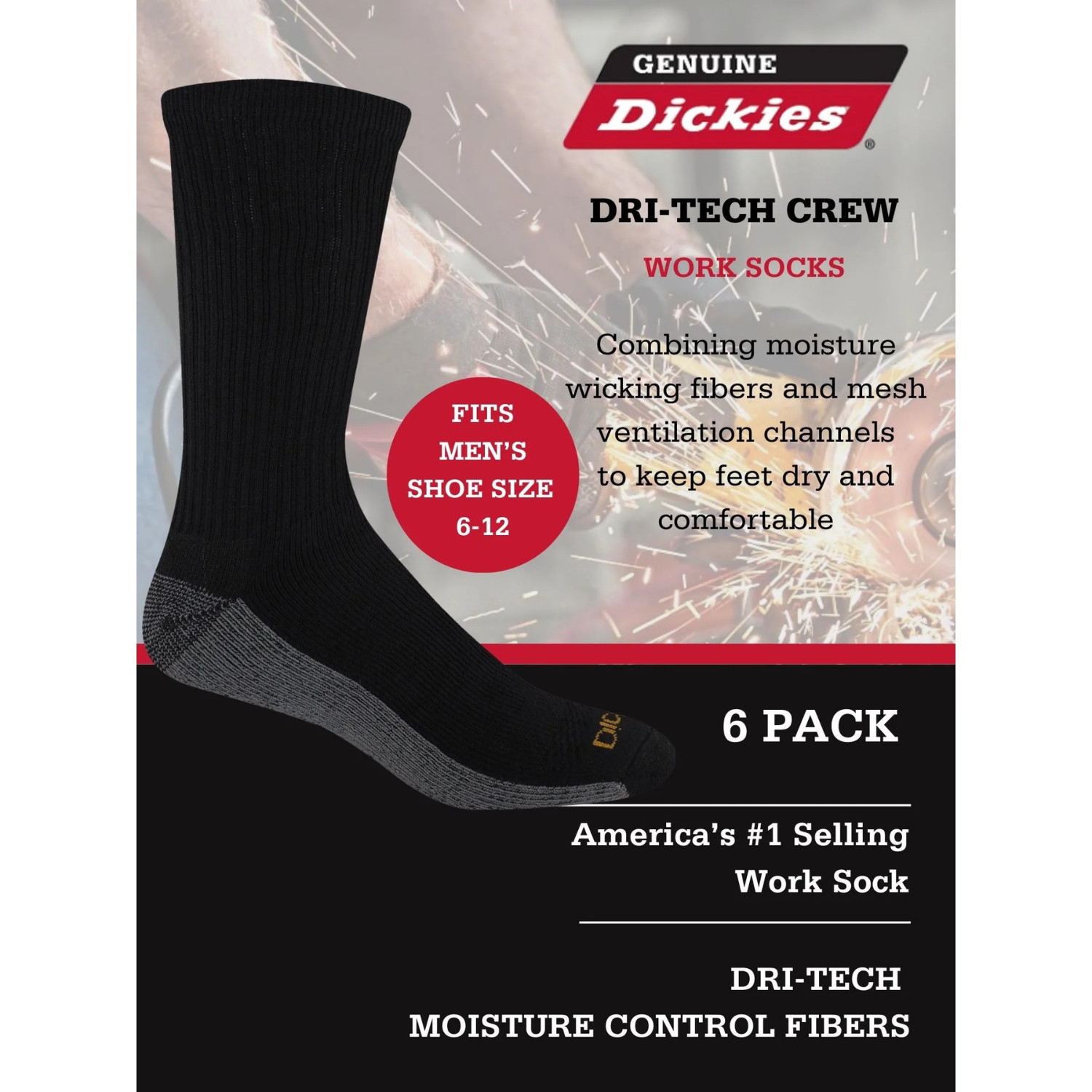 6 Pack Genuine Dickies Mens Dritech Crew Socks Moisture Control Black Size 6-12
