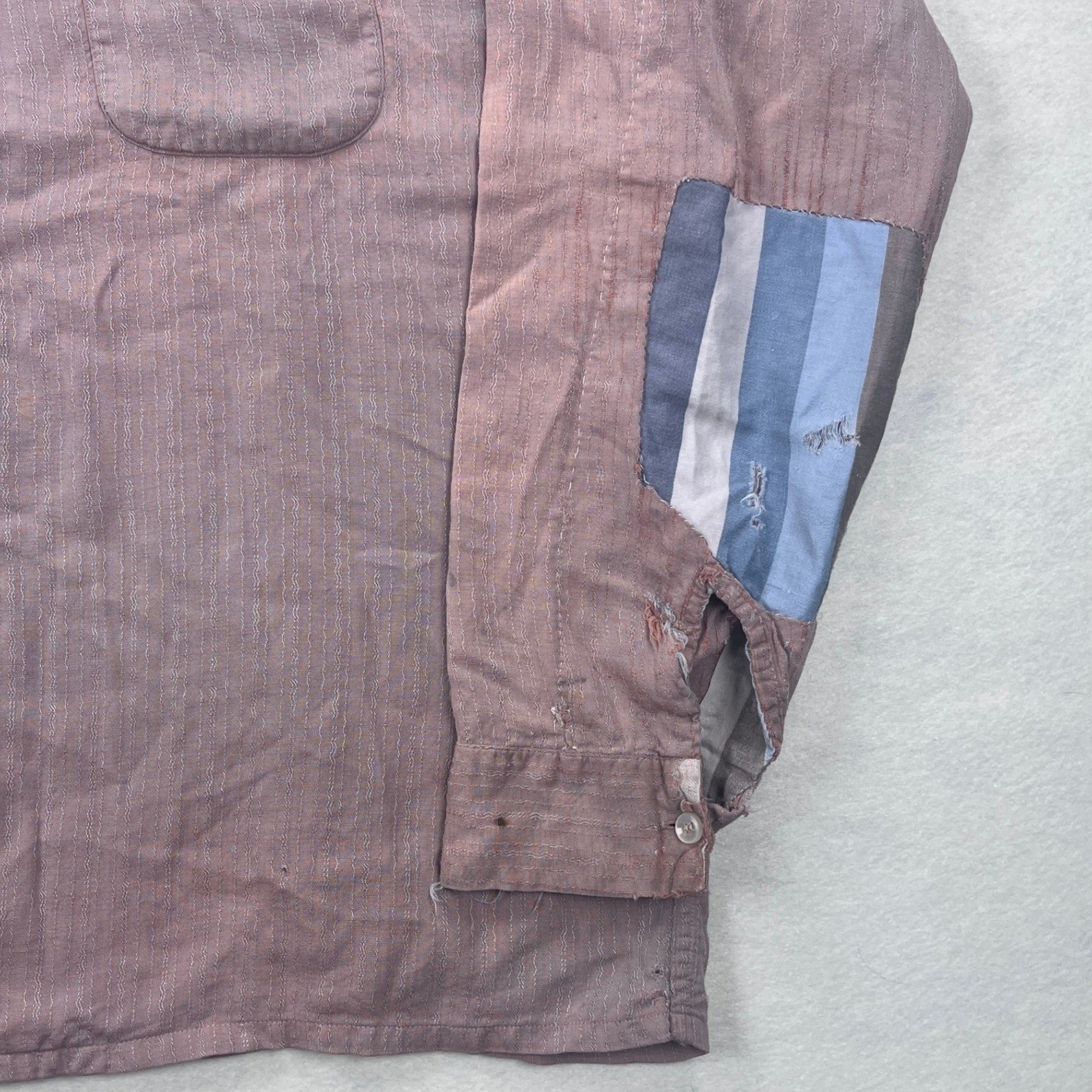 Vintage 50s 60s Wings Mauve Wavy Rayon Gab? Stripe Button Up Shirt XL Patched