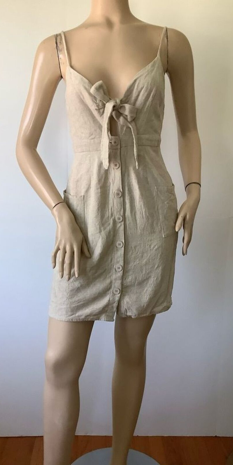 EVERLY Linen Blend Natural Oatmeal Shade Thin Adjustable Strap Dress (Size S)