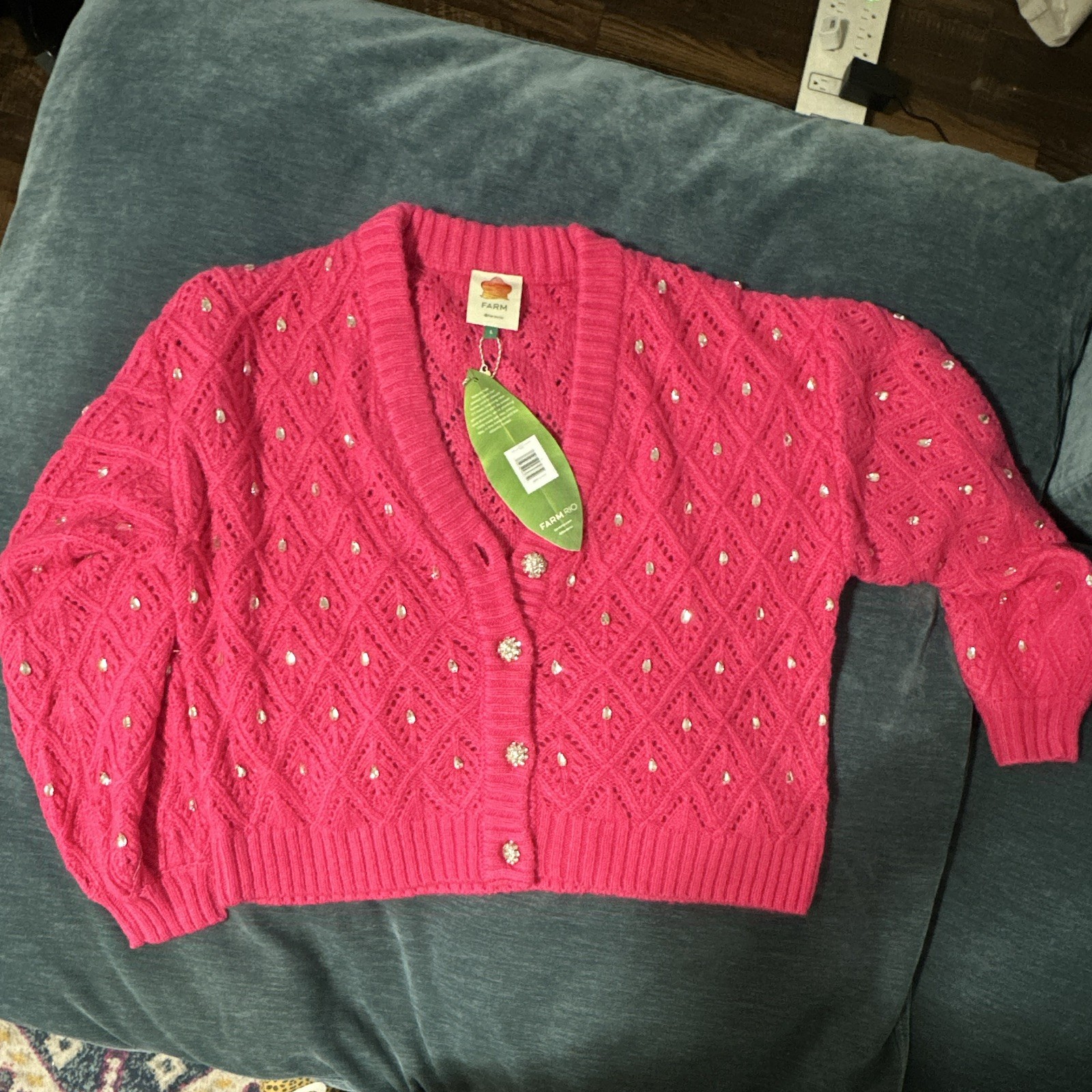 FARM Rio Pink Jeweled Knit V-Neck Button-Front Cardigan Sweater Women’s L