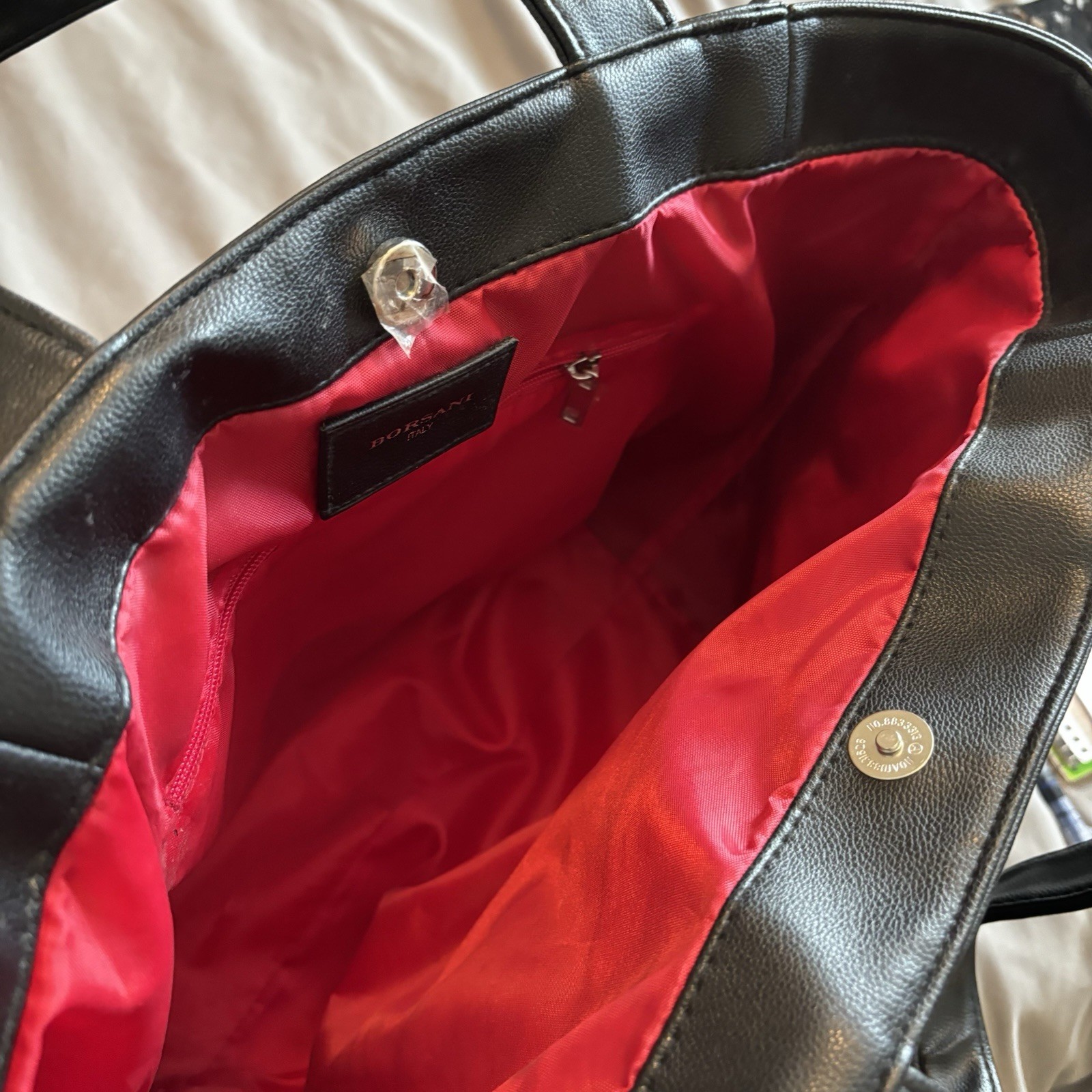 Borsani Italy Black Tote Bag Red Lined Snap Closure Inner Pockets Silver HW