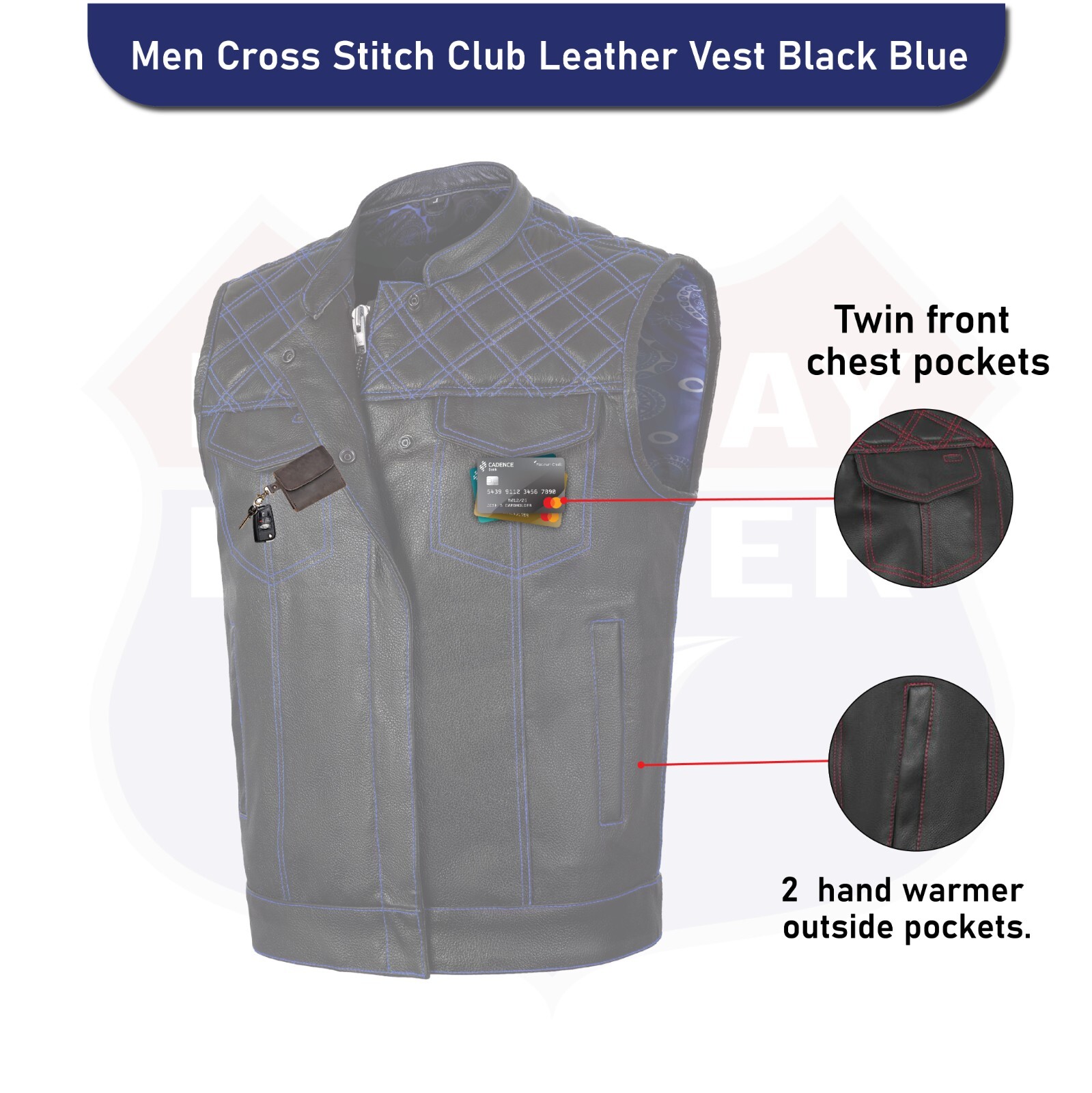 BLUE HL11693SPTBLUE Black Men Cross Stitch Club Leather Vest