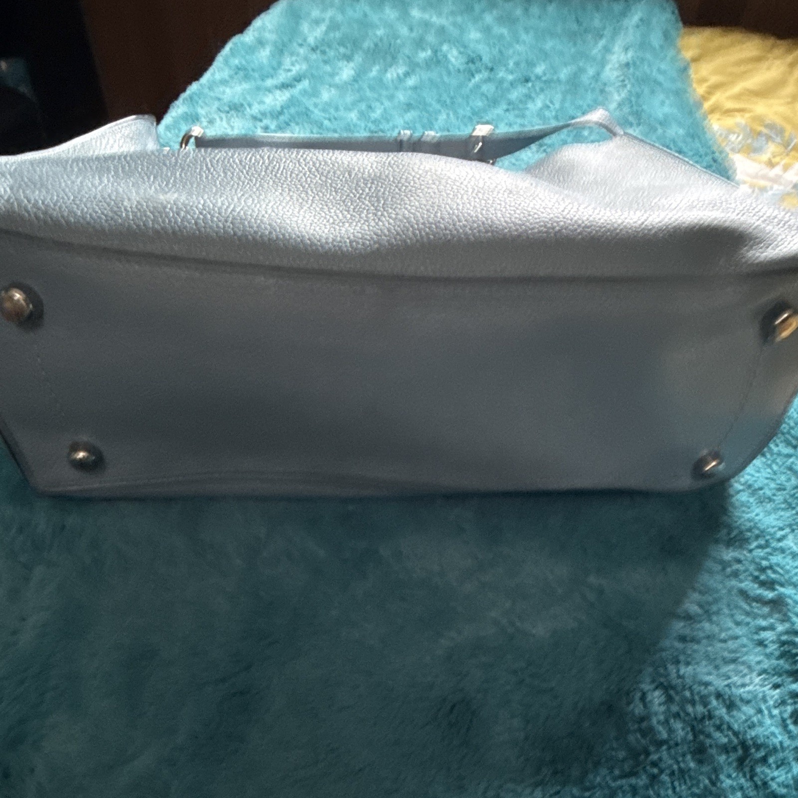 Coach Blue Pebbled Satchel Top Handle Zip Closure Detachable Strap Gold