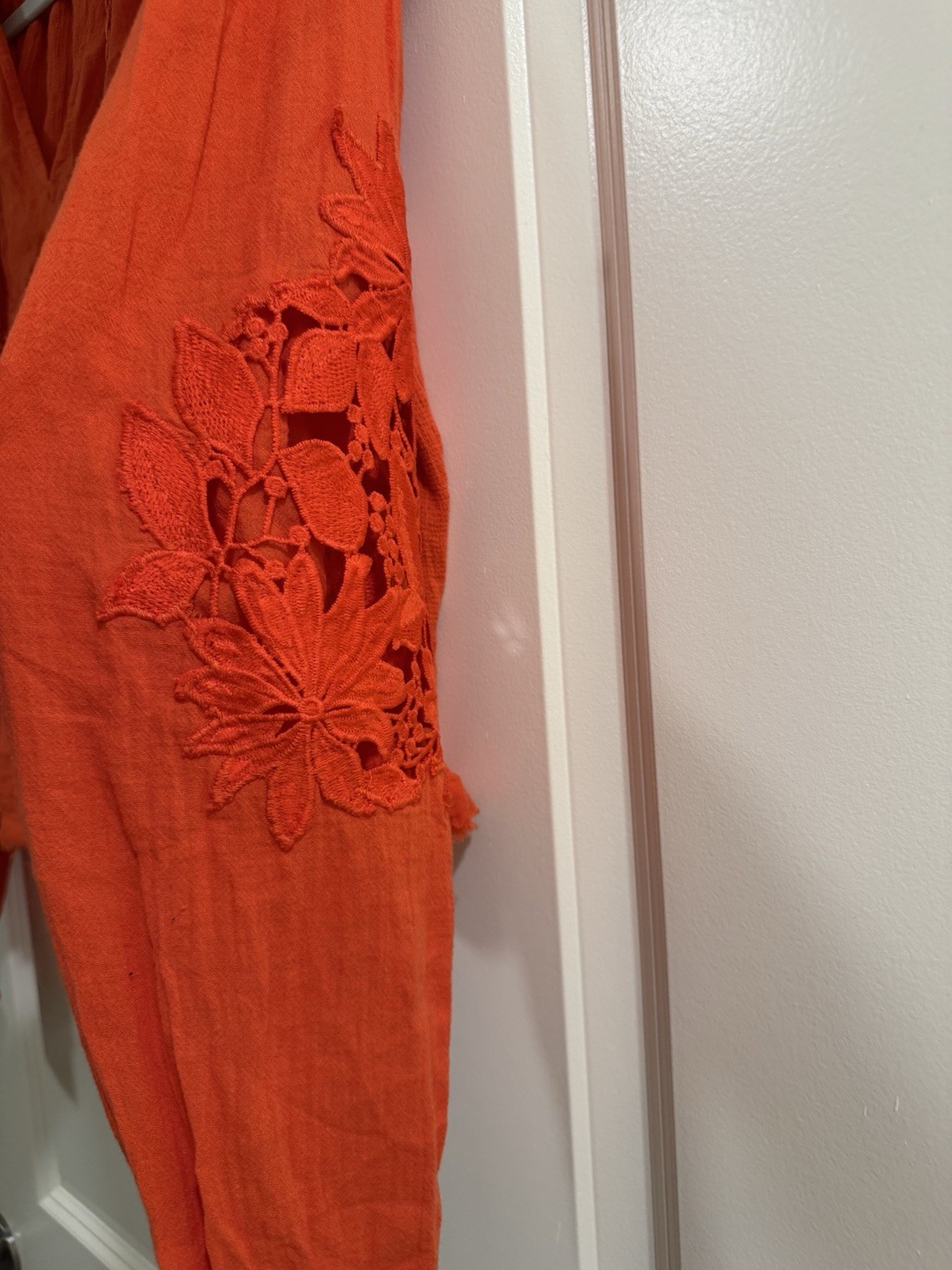 Free People Orange Knit Hoodie XS 100% Cotton V-Neck Hooded Cropped Tassel