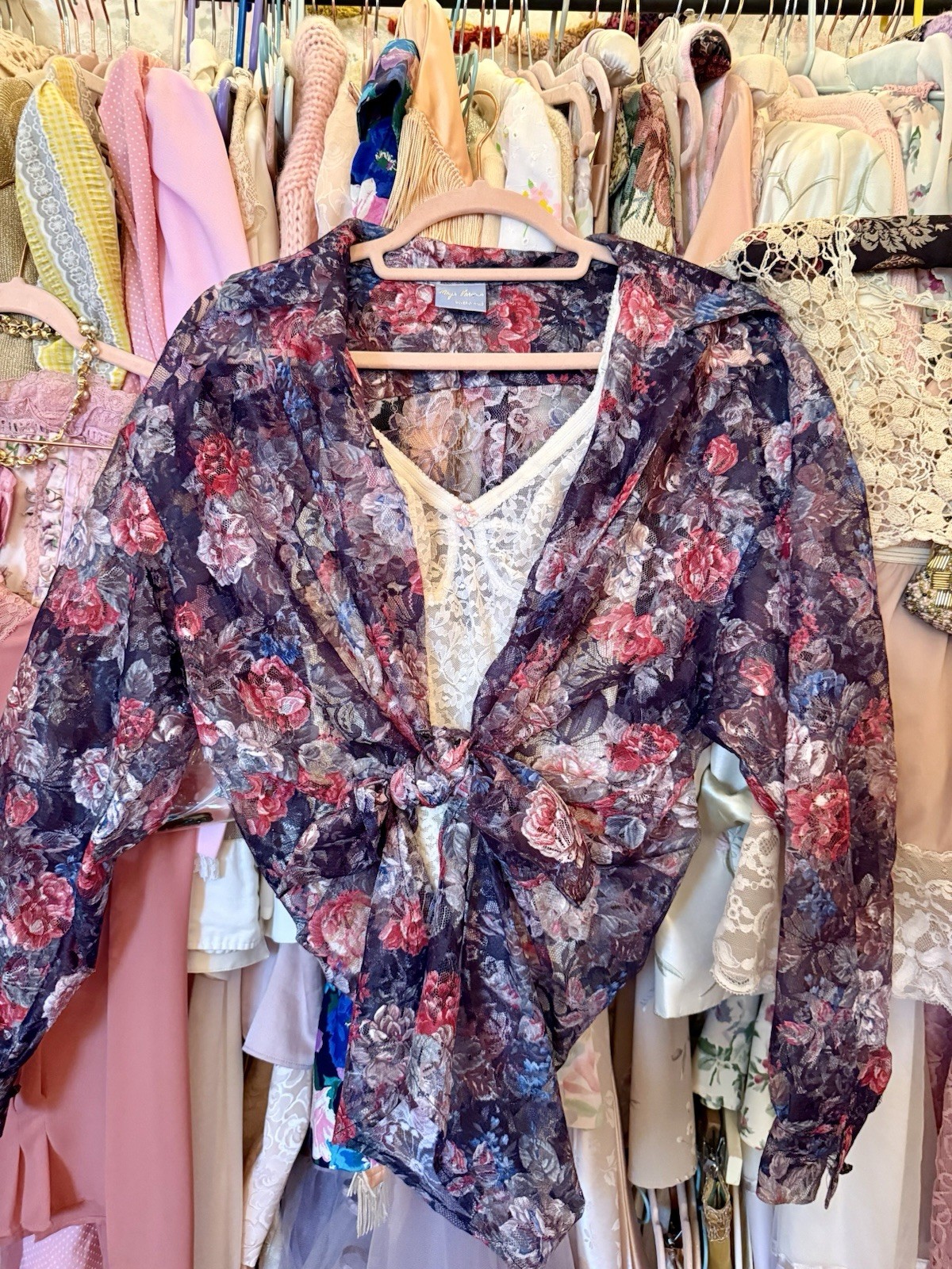 Maya Varma Women’s Multicolor Floral Lace Sheer Button Blouse Long Sleeve M