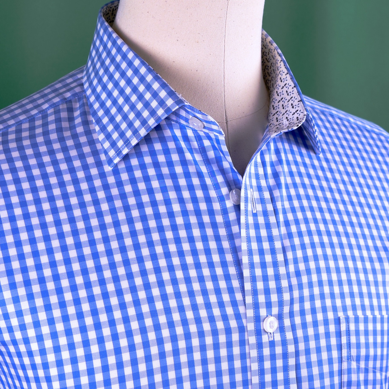Blue Gingham Check Formal SLIM Dress Shirt Subtle Plaids Windmill inner lining