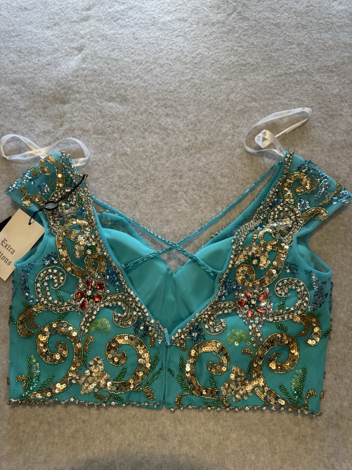 Sherri Hill Aqua Beaded Sequin Mermaid Gown V-Neck two-piece Long Formal 4