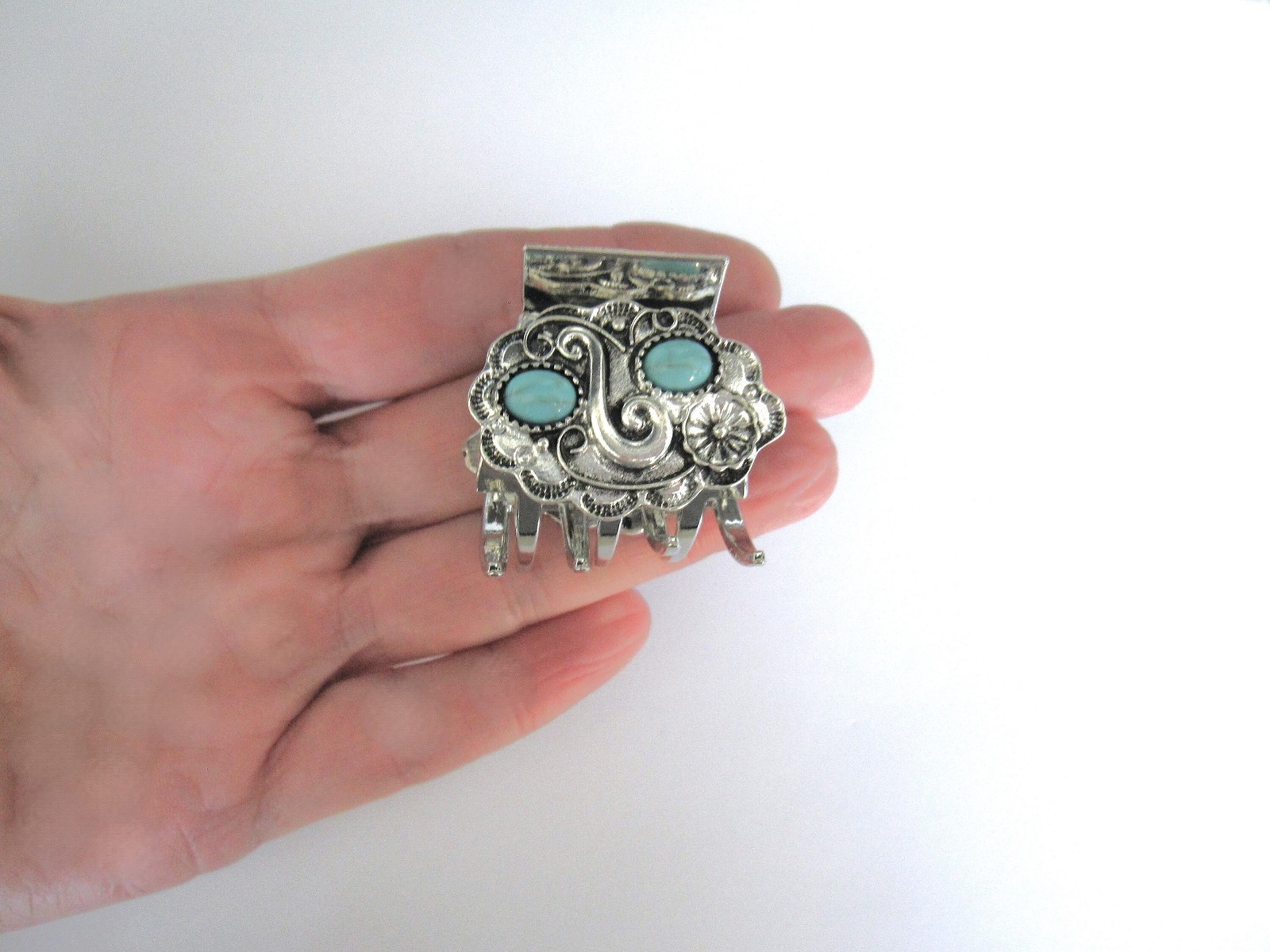 Small/medium turquoise blue silver metal native western hair claw clip
