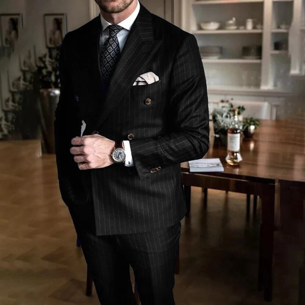 Chic Pinstripe Men’s Suits 2 Pieces Set Formal Double Breasted Peak Lapel Suit