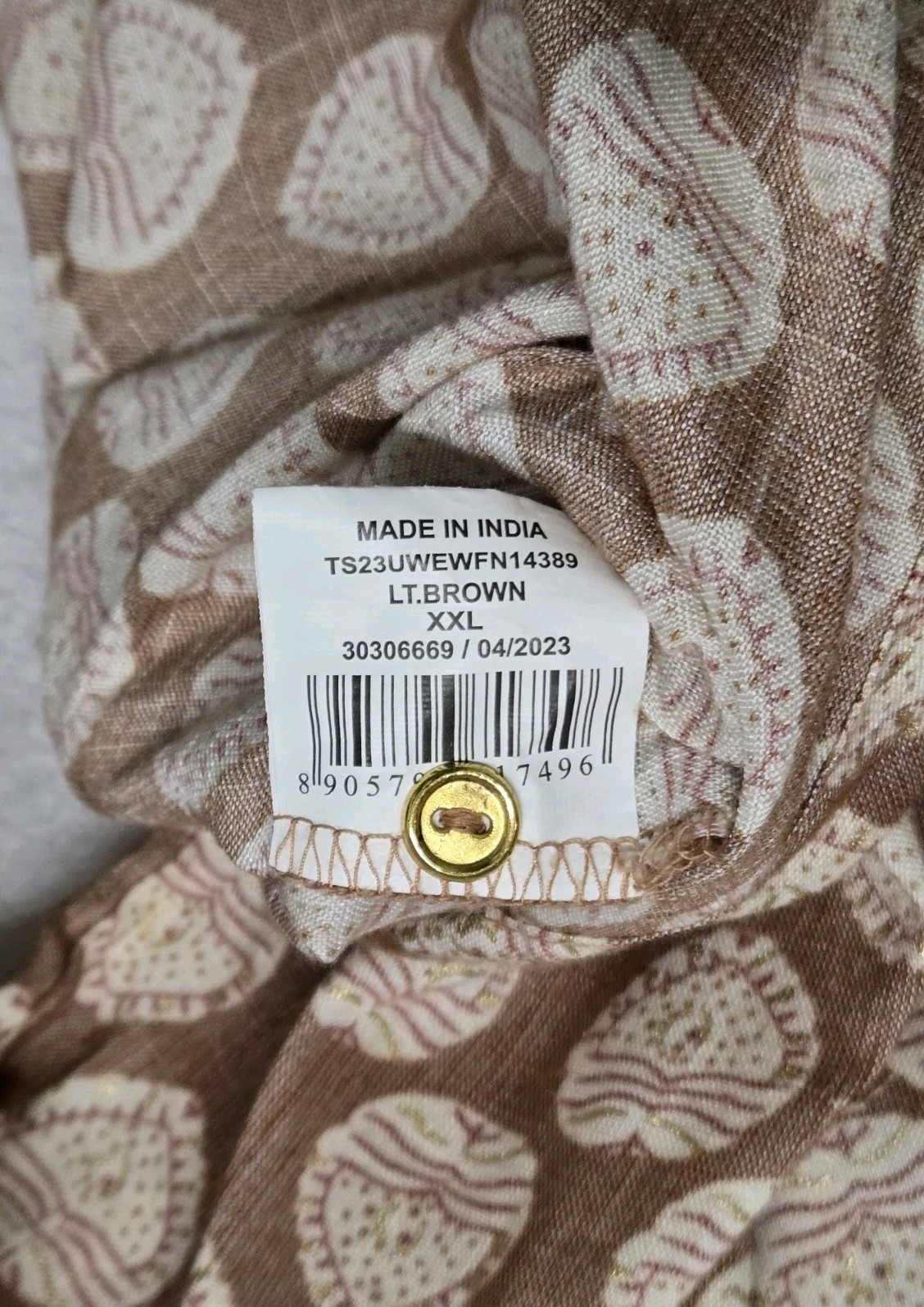 Fusion Kurta Womens Size XXL Brown Cream Printed Long Sleeve Pullover