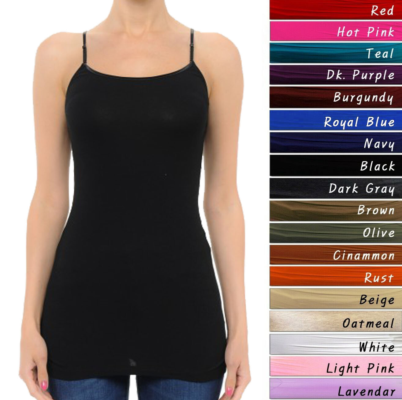 Plain Basic Long Tank Top Adjustable Spaghetti Strap Cotton Camisole Plus Size