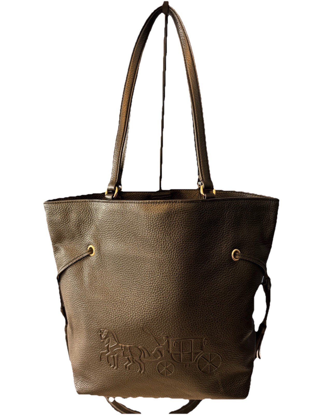 Coach Black Pebbled Tote Horse Carriage Logo, Magnetic, Detachable Strap