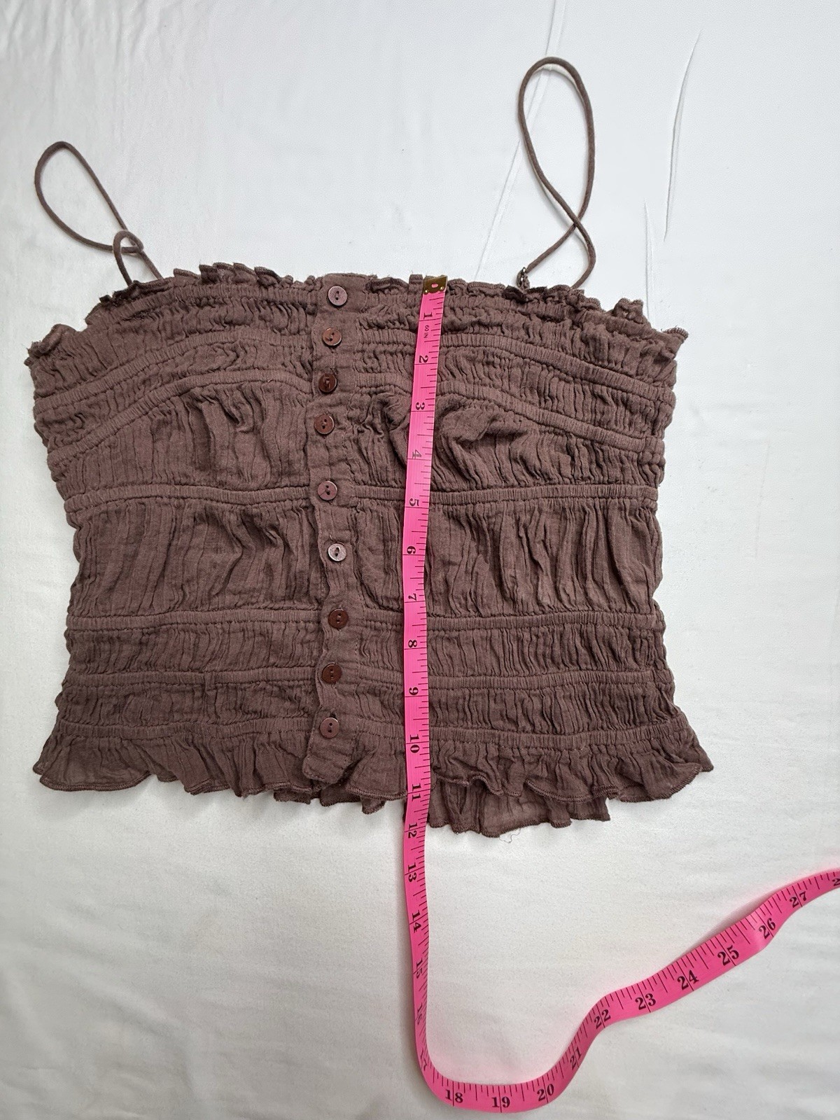 FP One Brown Solid Square Neck Smocked Button Ruffle Knit Cotton Cami Tank S