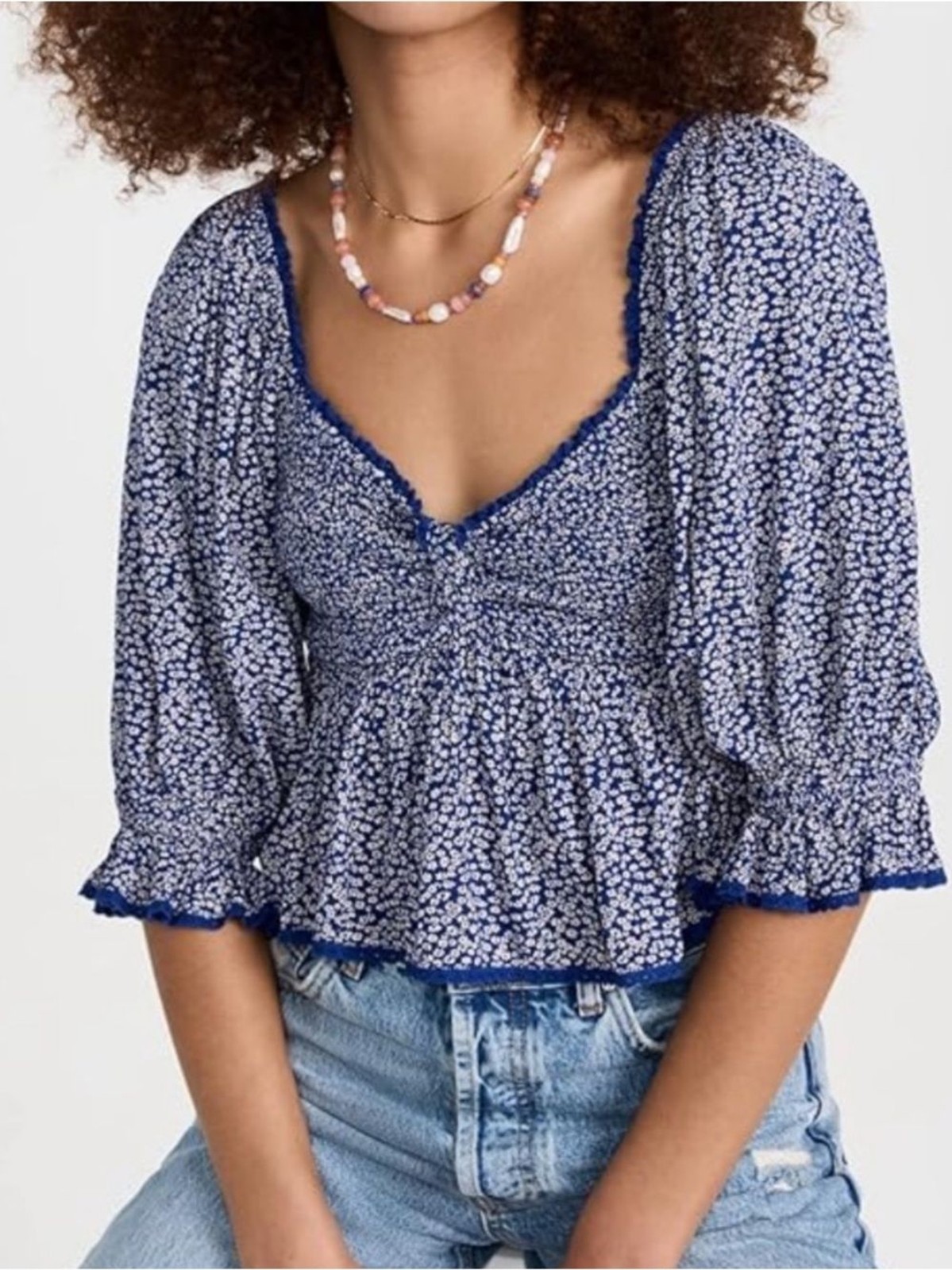 FREE PEOPLE Britnee Blue White Floral Smocked Peplum Puff Sleeve Top 📐L