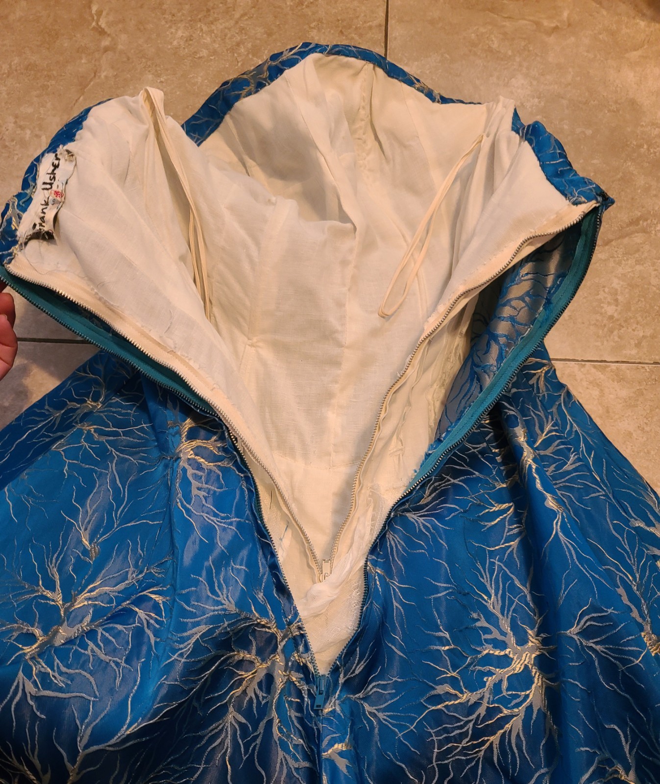 Rare VTG 50s FRANK USHER Blue Metallic Lightning/Branch/Neuron Jacquard Dress