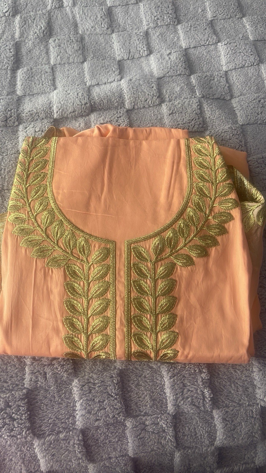 Peach Kurta for Women with Green Embroidery Leaf Design, Stylish Kurtas/Kurti