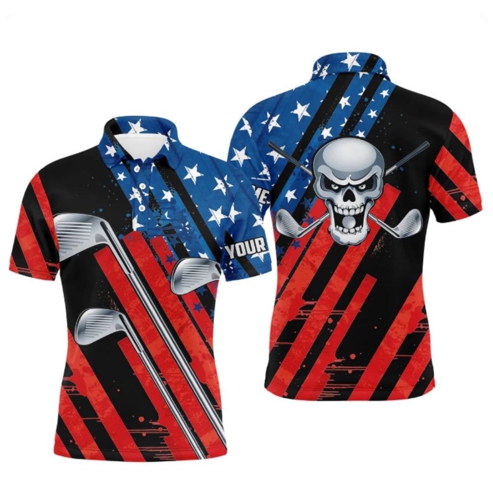 Custom Name American Flag Skull Golf AOP Shirt Polo Shirt Fullsize S-5XL