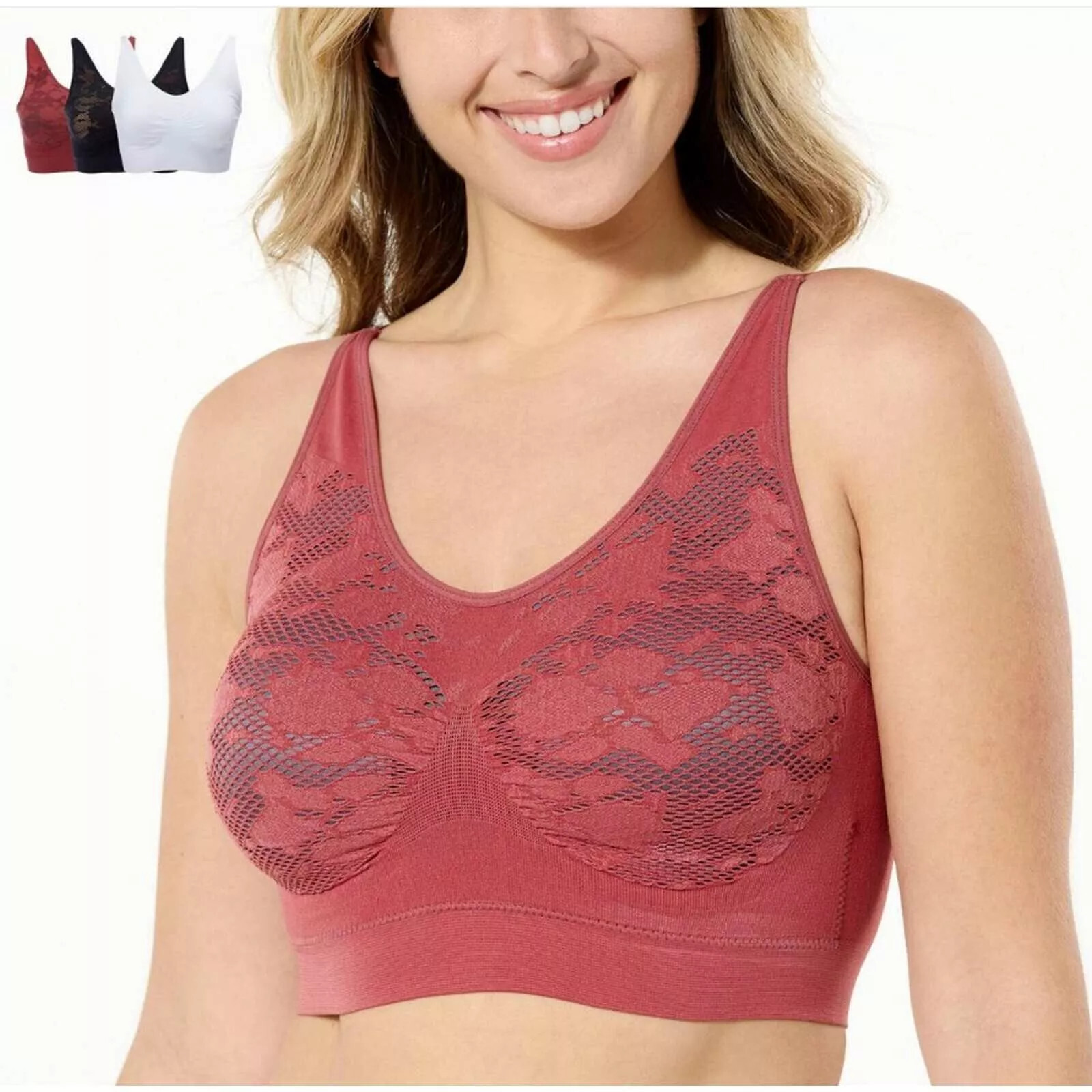 Rhonda Shear 3 Pack Ahh Bra with Adjustable Straps and Lace Detail, Multi, Large