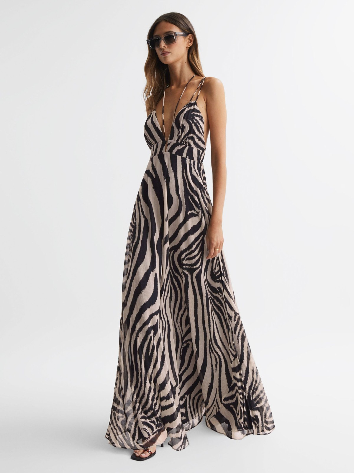 REISS Womens Vida Zebra Print Maxi Dress in Black/White Size 14