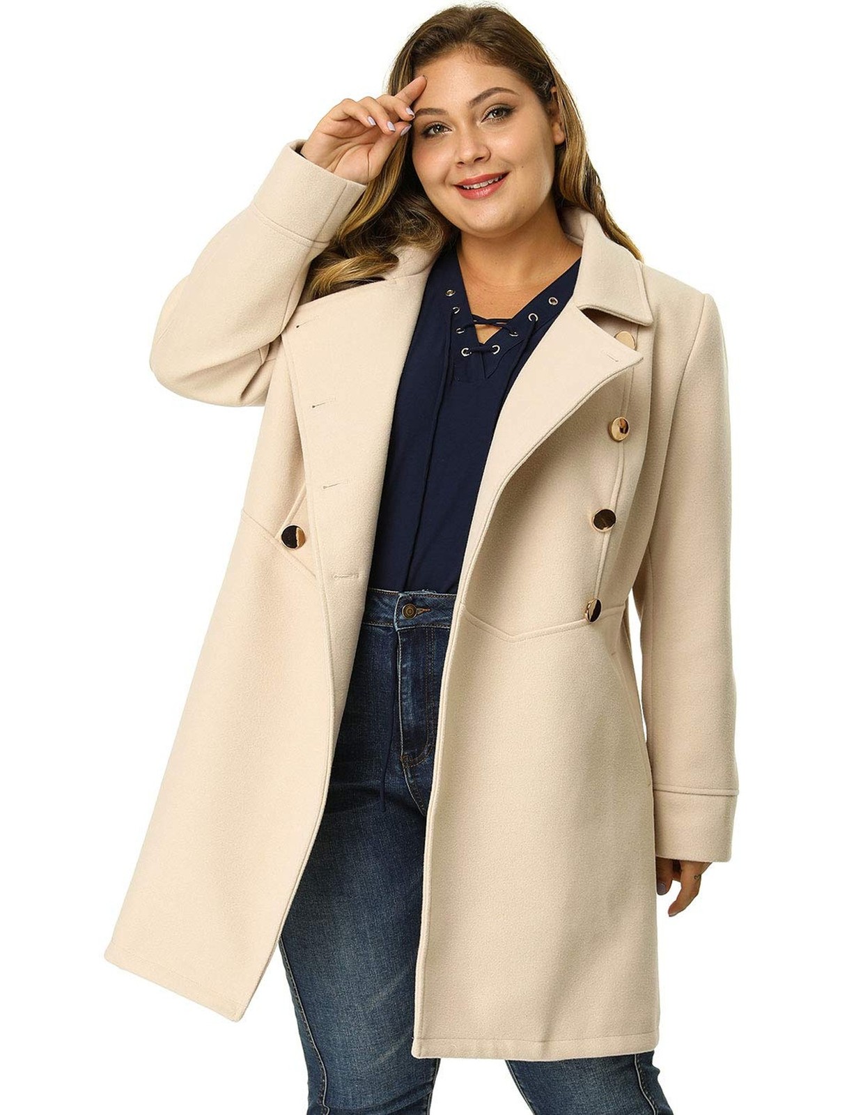 Agnes Orinda Women’s Plus Size Coat A-Line Peter Pan Collar Double Breasted F…