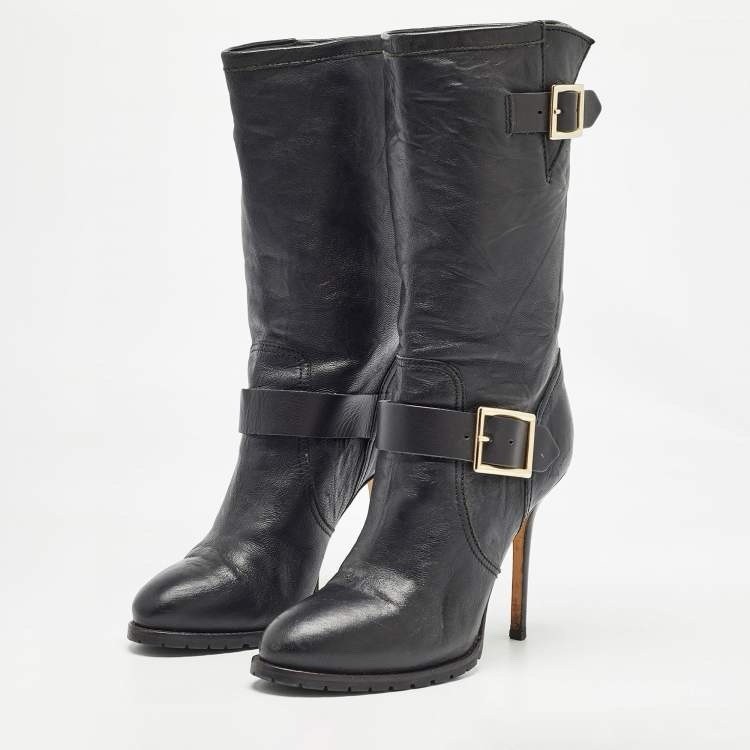 Vintage Jimmy Choo Black Leather Galen Moto Stiletto Buckle Boots US 7.5