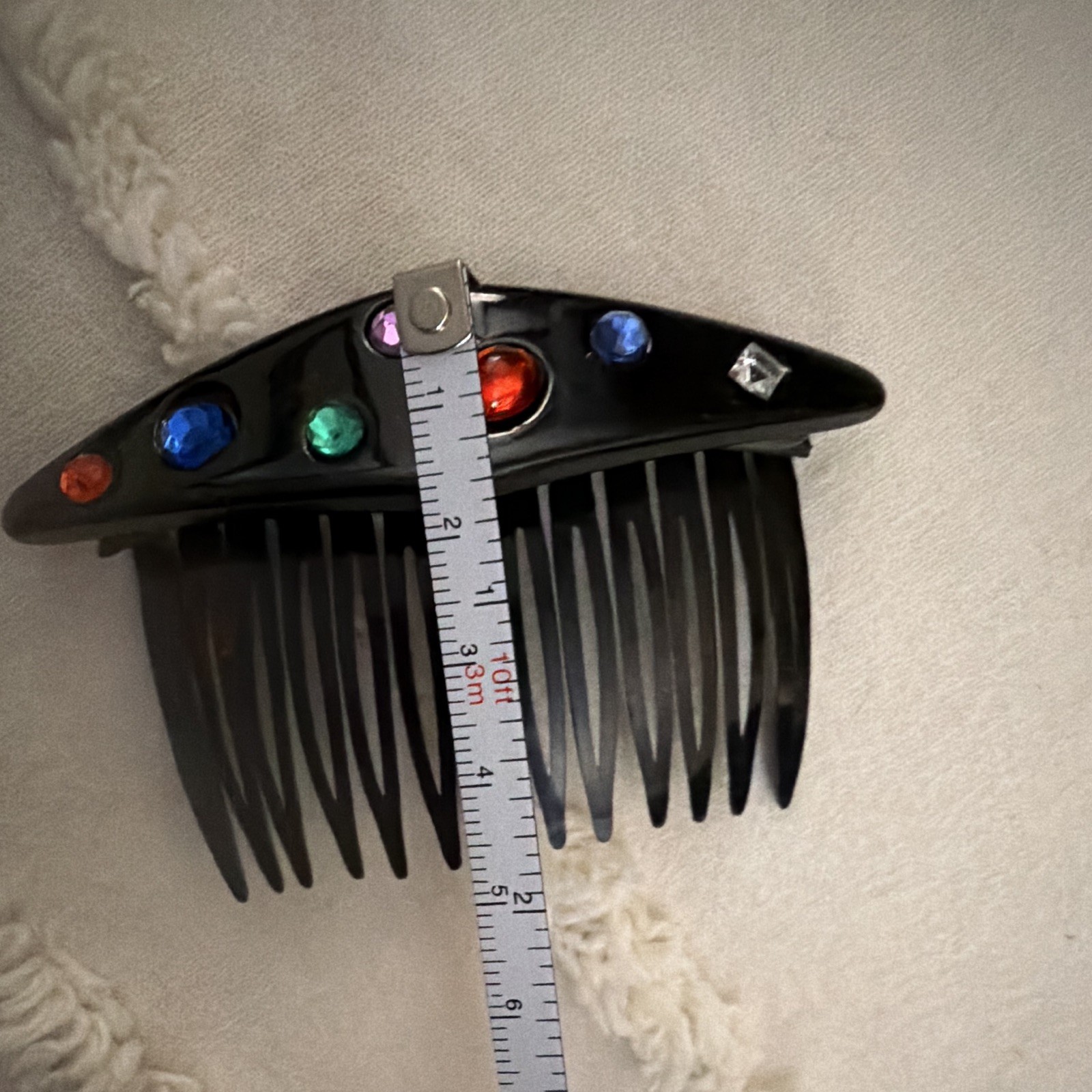 Vintage Black Plastic Hair Comb w/ Multicolor Rhinestone Accents
